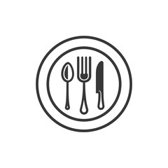 Black and white line art icon of a plate fork knife and spoon