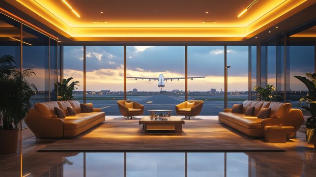 Luxury Airport Lounge: Sunset Takeoff 