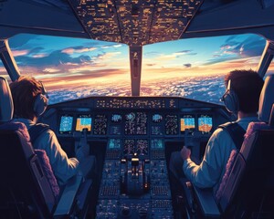 Fototapeta premium Above the Clouds: A breathtaking panorama of the world unfolds before the pilots in this cockpit, bathed in the golden hues of a majestic sunset. A sense of serenity and awe permeates the image, capt