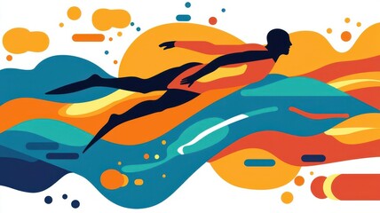 Vibrant illustration of a swimmer gracefully gliding through colorful waves, capturing the spirit of water sports and movement.