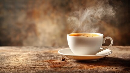 Fototapeta premium Steaming Ceramic Mug of Freshly Brewed Coffee in Cozy Morning Light