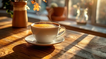 Fototapeta premium Steaming Ceramic Mug of Freshly Brewed Coffee in Cozy Morning Light