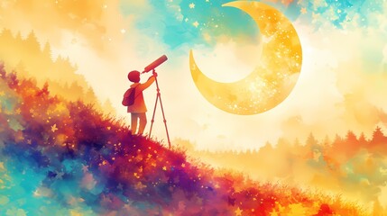 A young boy gazes through a telescope at a large, glowing moon.