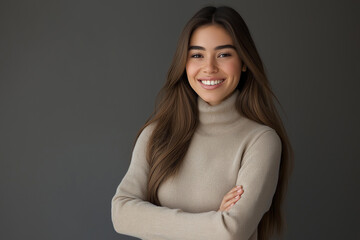 Obraz premium A portrait of an attractive woman in her late thirties with long brown hair, smiling and wearing a white turtleneck sweater, posing for a photo in an arms crossed