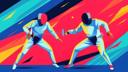 Dynamic illustration of two fencers engaging in a match, showcasing action, skill, and vibrant colors on a striking background.