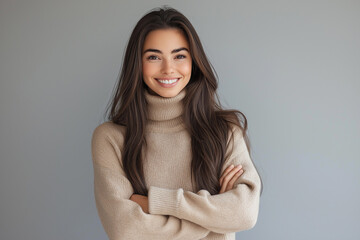 Fototapeta premium A portrait of an attractive woman in her late thirties with long brown hair, smiling and wearing a white turtleneck sweater, posing for a photo in an arms crossed