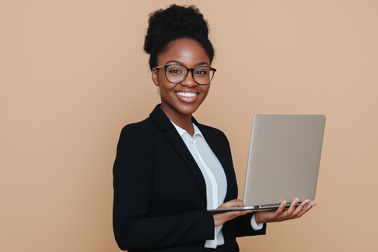 Portrait of a smiling business woman holding a laptop and looking at the camera, wearing an suit jacket