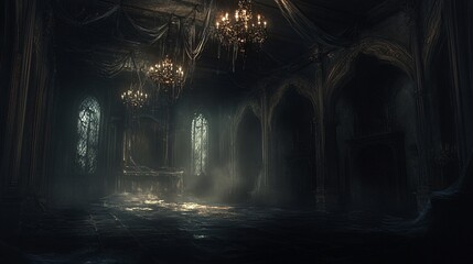 Eerie Gothic Ballroom with Cobwebs, Chandeliers, and Lurking Shadows