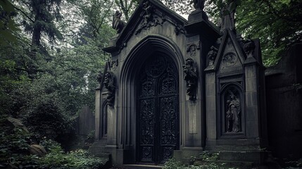 Obraz premium Eerie Gothic Mausoleum Guarded by Stone Gargoyles and Iron Door
