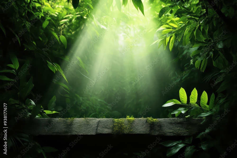 Poster a serene jungle scene with sunlight filtering through lush greenery, creating a tranquil atmosphere 