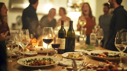 A kitchen during a party with half-full plates, wine glasses, a spilled drink, and people laughing in the background. A joyful gathering of friends enjoying a festive dinner with a beautifully set tab