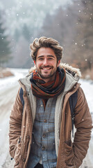 Fototapeta premium A man wearing a brown jacket and scarf is smiling and posing for a picture