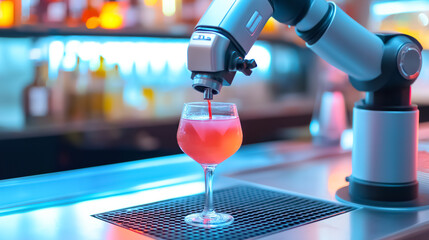 Robotic arm precisely pours a colorful cocktail into a glass at a futuristic bar, illuminated by vibrant neon lighting