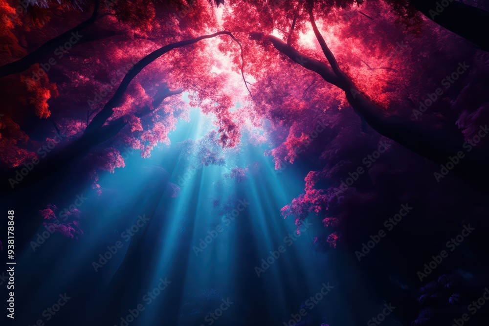 Poster a stunning view of a vibrant forest with colorful foliage and beams of light filtering through the t