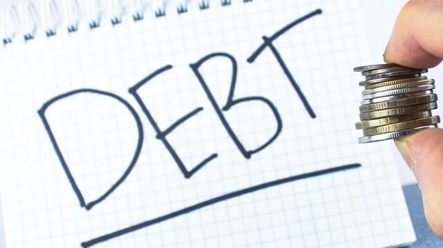 Coins, money against the word DEBT written in marker. A man's hand holds a stack of coins next to the inscription debt,debtor concept,credit,installment,animation.