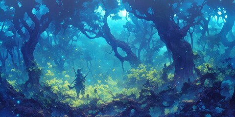 Fototapeta premium Enchanted Winter Twilight Forest: Anime-Style Halloween Adventure Scene with Luminescent Flora and Towering Trees. Spooky Glowing Vegetation Creates Eerie Atmosphere. Perfect for Holiday Marketing, Ga