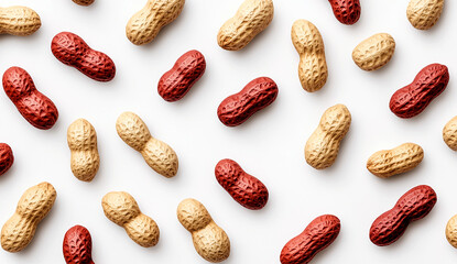 Photograph of red and brown peanuts arranged in rows on a white background