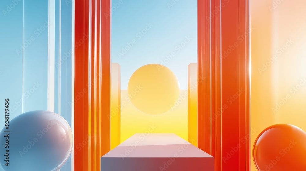 Poster a vibrant abstract scene featuring geometric shapes and gradients, evoking a sense of depth and mode