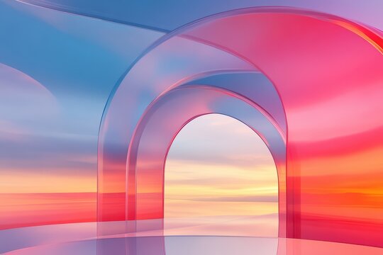 A vibrant abstract scene featuring colorful arches under a dreamy sky, creating a surreal and enchanting atmosphere.