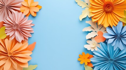 A vibrant arrangement of colorful paper flowers on a blue background, perfect for spring-themed designs and decorations.