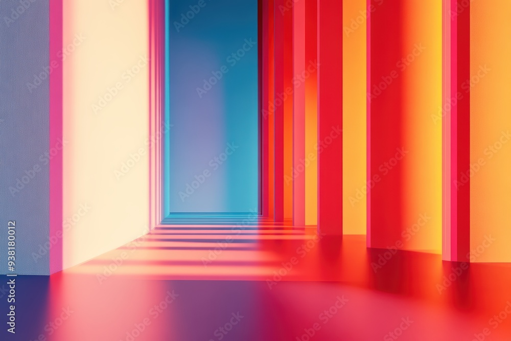 Poster a vibrant corridor with colorful illuminated walls creating a surreal and modern atmosphere.