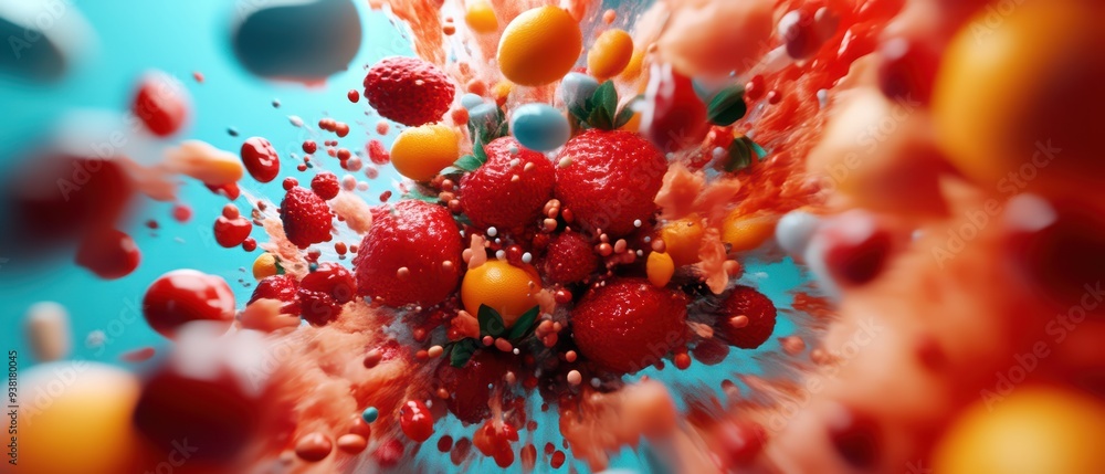 Poster a vibrant explosion of fresh fruits, showcasing vivid colors and dynamic motion for a lively and ref