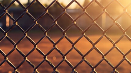Fototapeta premium Sunset glow chain-link fence at baseball park