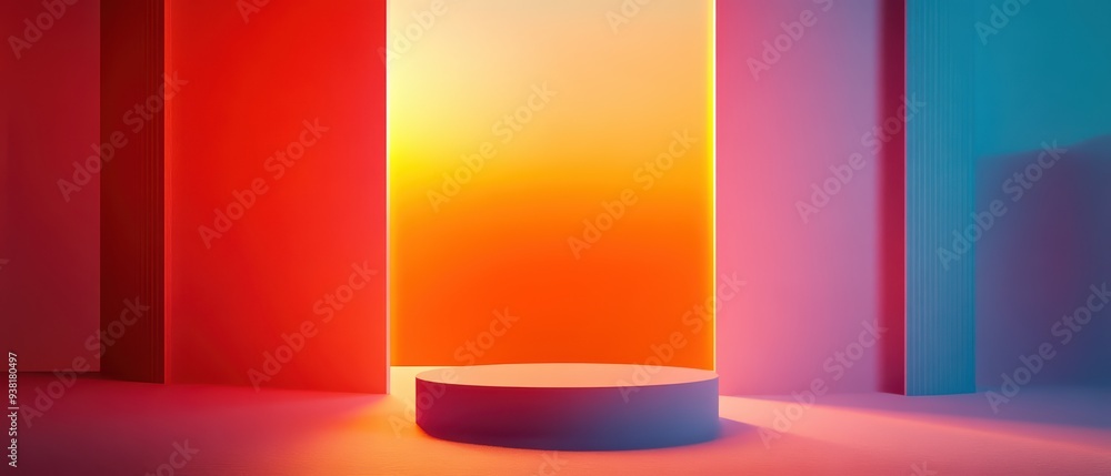 Poster a vibrant minimalist setting with colorful light gradients and geometric shapes that create a stunni