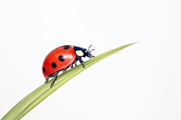 Fototapeta premium A vibrant ladybug perched on a green leaf against a clean white background, showcasing nature's beauty and detail.