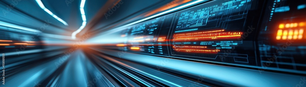 Poster dynamic motion blur depicting futuristic technology and neon lights, creating a sense of speed and i