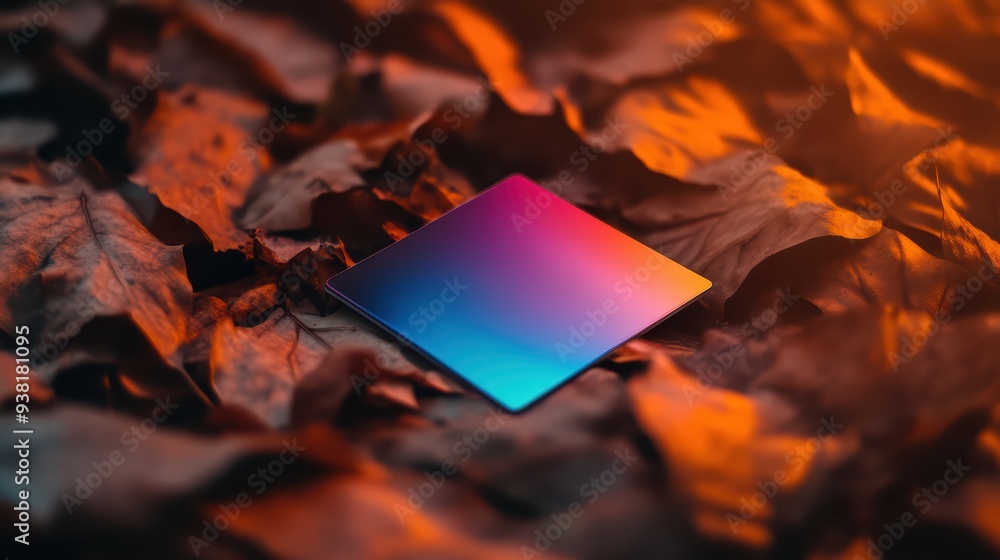 Poster a vibrant square tile with a gradient design rests among fallen autumn leaves, creating a striking c