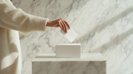 Fototapeta premium A person standing at a ballot box, with their hand held back, symbolizing the decision not to vote.