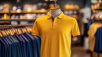 Fototapeta premium A yellow shirt with the on it is hanging on a mannequin