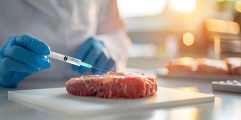 Lab-Grown Meat Steak Under Light on White Table, Innovative Food Science and Sustainable Protein Concept