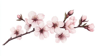 Obraz premium Beautiful cherry blossom branch with delicate pink flowers and buds on a white background, perfect for spring-themed designs.