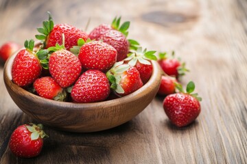 Strawberries spread across a wooden tabletop