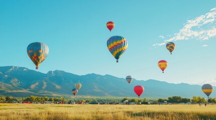 Naklejka premium A large group of hot air balloons are flying in the sky over a grassy field