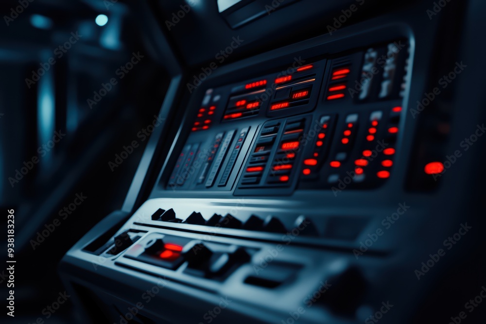 Poster futuristic control panel with glowing red buttons and intricate design in a dimly lit environment. i