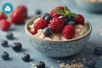 Fresh berries and raspberries on oatmeal on a fuzzy background