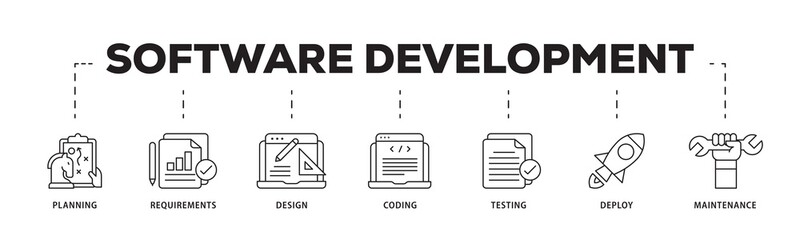 Software development icon infographic illustration concept with icon of planning, requirements, design, coding, testing, deploy and maintenance icon png and easy to edit 