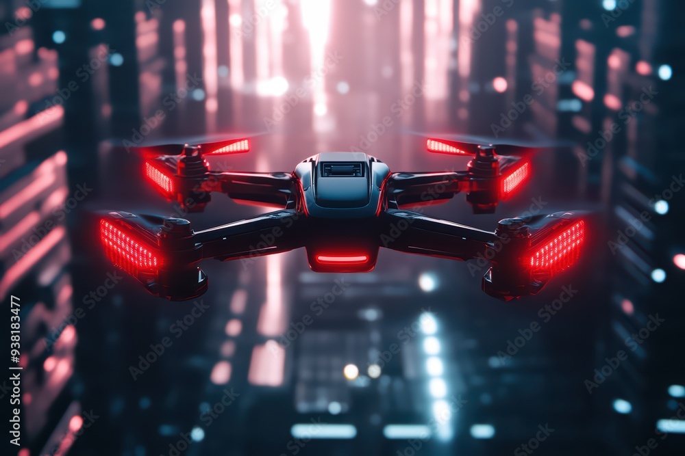 Poster futuristic drone hovering in a high-tech environment with glowing red lights, showcasing advanced te