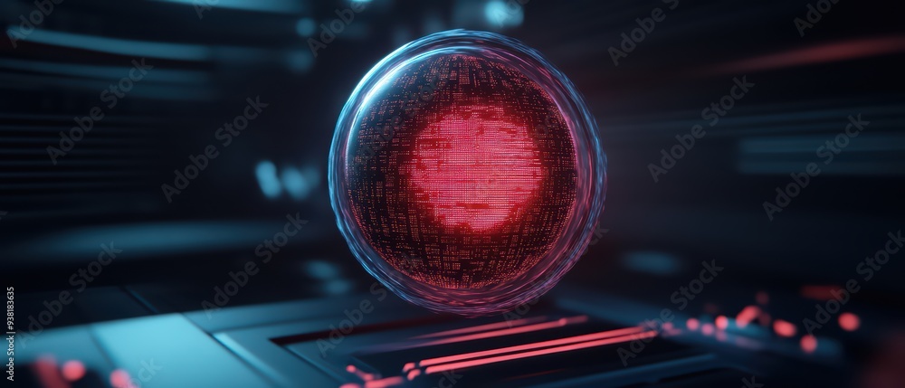 Poster futuristic red sphere with glowing patterns, set against a dark, technological background. ideal for