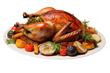 Roasted turkey served on grilled vegetables and herbs, isolated on white background.