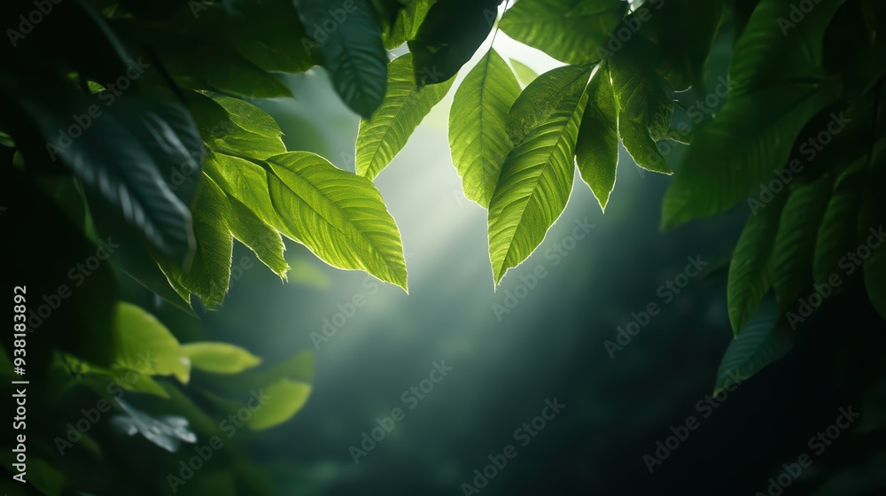 Poster lush green leaves illuminated by soft light, creating a serene atmosphere in a tranquil forest setti