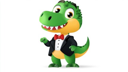 A cartoon dinosaur in a suit and tie is smiling and has a bow tie