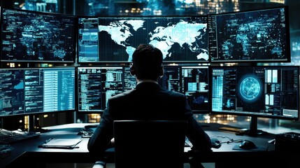 A cybersecurity expert is monitoring threat detection systems on multiple screens. The high-tech setting features real-time data, alerts, and global threat maps