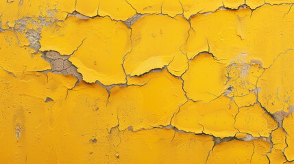Obraz premium Cracked yellow wall with peeling paint, showcasing texture and age. vibrant color contrasts with distressed surface, evoking sense of decay and history.