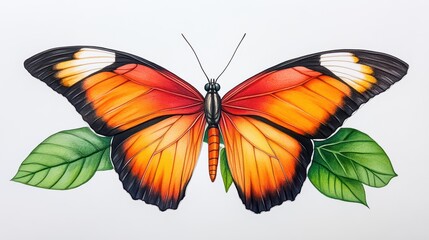 Vibrant butterfly illustration with striking orange and black wings, surrounded by lush green leaves on a clean white background.