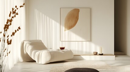 A serene and stylish interior featuring a minimalist lounge chair, soft lighting, and modern...