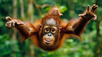 Naklejka premium A young orangutan hangs upside down in the rainforest with its arms outstretched, looking at the camera with a curious expression.